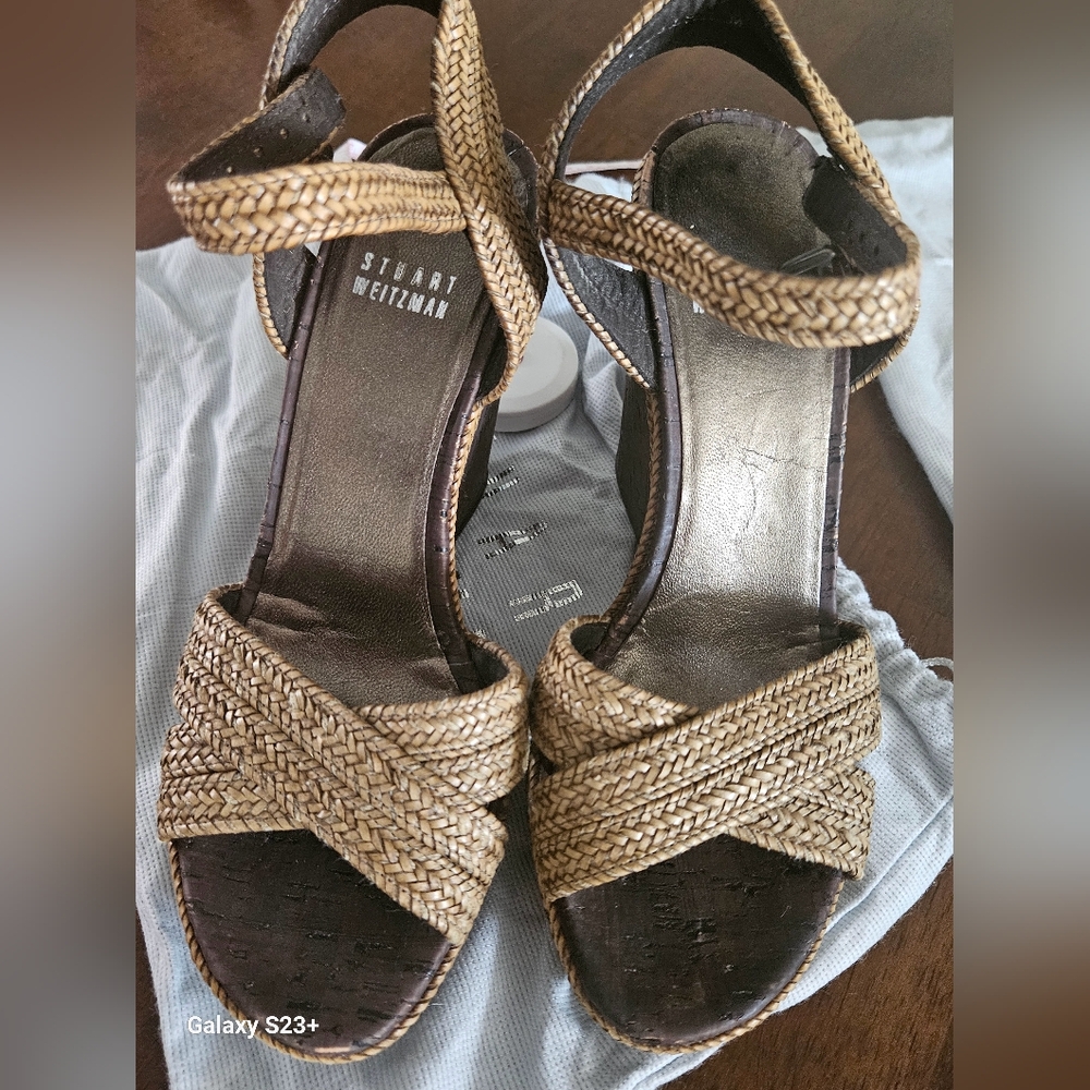 Stuart Weitzman Tan Woven Wedge Sandals